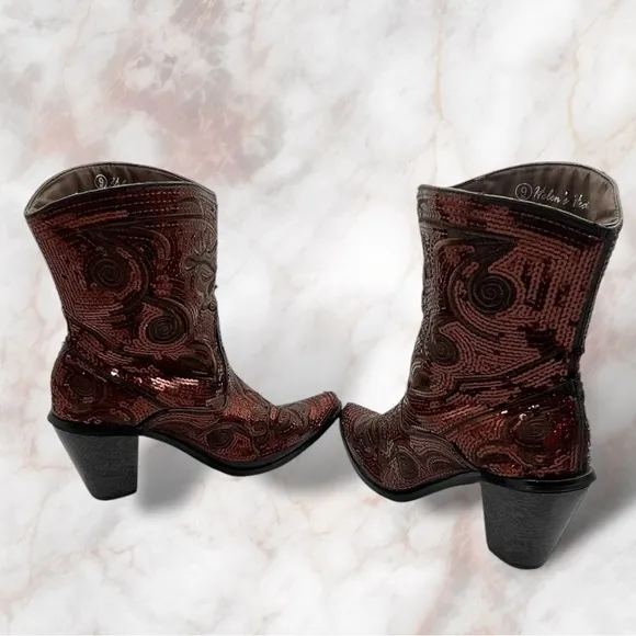 Helen's Heart| Embellished Sequin Burgundy Bronze Western Boot Size 9