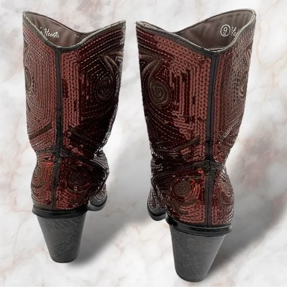 Helen's Heart| Embellished Sequin Burgundy Bronze Western Boot Size 9