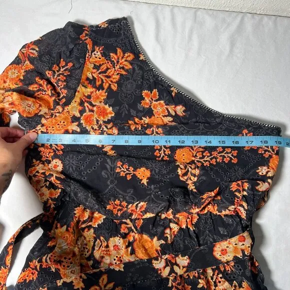 Hemant and Nandita Alia Short Dress One Shoulder Lace Floral Black Orange L