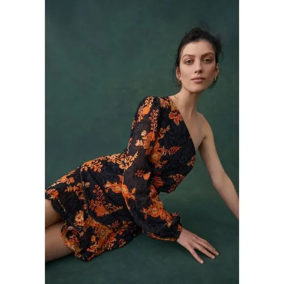 Hemant and Nandita Alia Short Dress One Shoulder Lace Floral Black Orange L