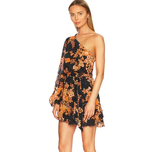 Hemant and Nandita Alia Short Dress One Shoulder Lace Floral Black Orange L