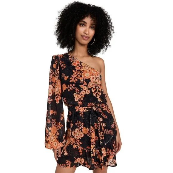 Hemant and Nandita Alia Short Dress One Shoulder Lace Floral Black Orange L