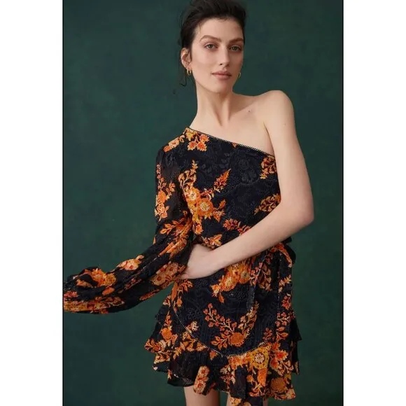 Hemant and Nandita Alia Short Dress One Shoulder Lace Floral Black Orange L