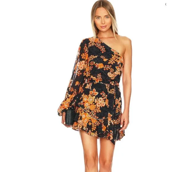 Hemant and Nandita Alia Short Dress One Shoulder Lace Floral Black Orange L