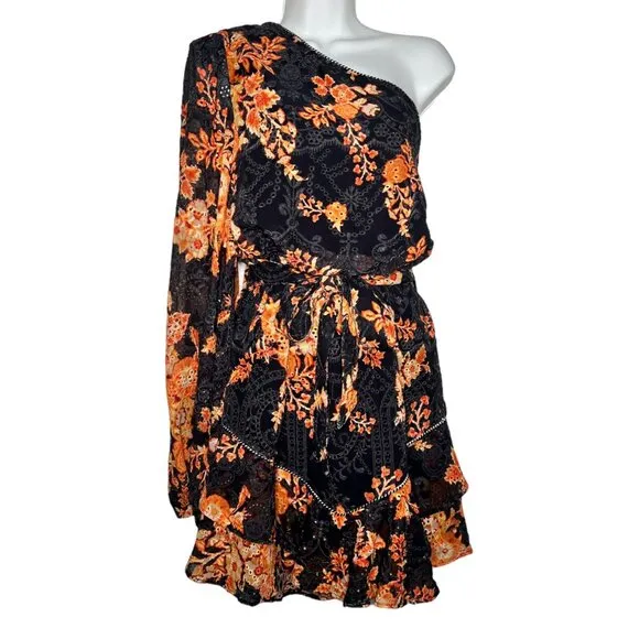 Hemant and Nandita Alia Short Dress One Shoulder Lace Floral Black Orange L