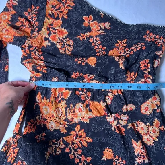 Hemant and Nandita Alia Short Dress One Shoulder Lace Floral Black Orange L