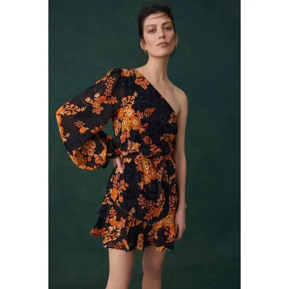 Hemant and Nandita Alia Short Dress One Shoulder Lace Floral Black Orange L