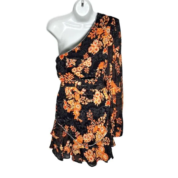 Hemant and Nandita Alia Short Dress One Shoulder Lace Floral Black Orange L