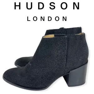 Hudson London Chelsea Stacked Chunky Heel Ankle Boots Booties 7 Black Textured