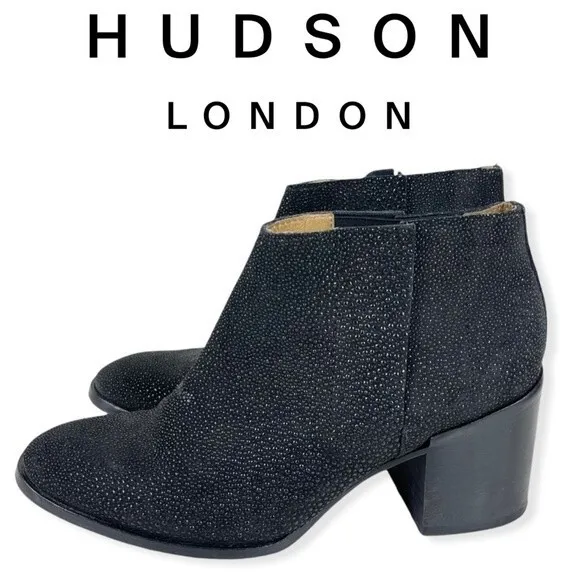 Hudson London Chelsea Stacked Chunky Heel Ankle Boots Booties 7 Black Textured