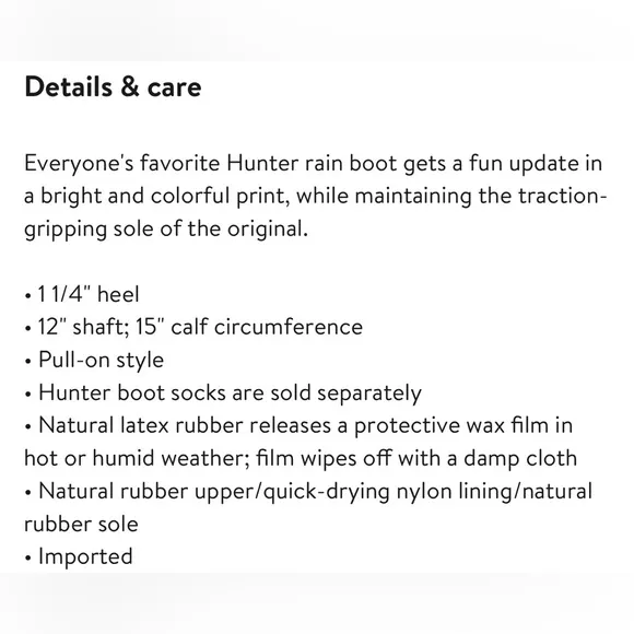 HUNTER ORIGINAL WATERPROOF RAIN BOOTS Big Girl sz 4 Lprd Print