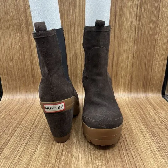 Hunter Platform Chunky Heel Boots Brown Suede Rubber Women’s Size 8