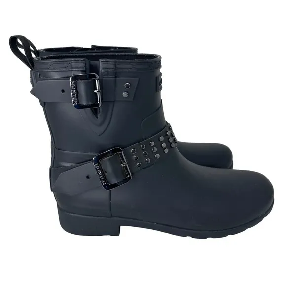Hunter Refined Stud Biker Short Boots Waterproof Handcrafted‎ Matte Black 7