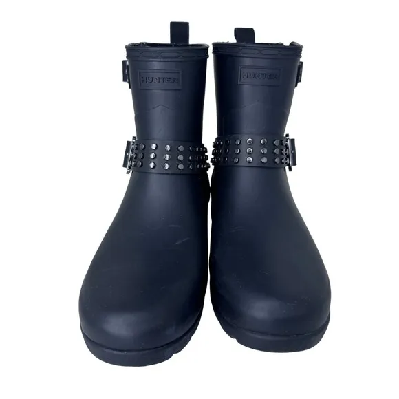 Hunter Refined Stud Biker Short Boots Waterproof Handcrafted‎ Matte Black 7