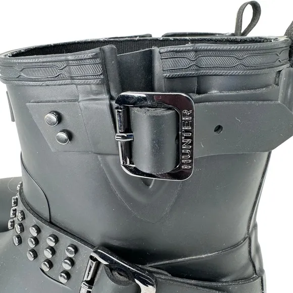 Hunter Refined Stud Biker Short Boots Waterproof Handcrafted‎ Matte Black 7