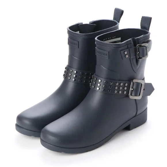 Hunter Refined Stud Biker Short Boots Waterproof Handcrafted‎ Matte Black 7