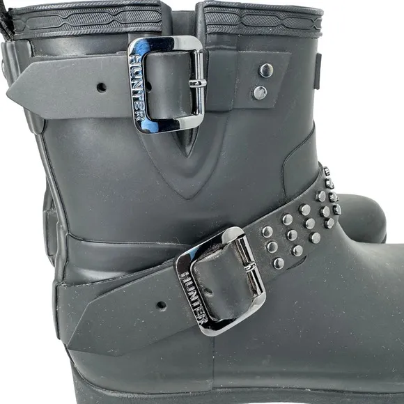 Hunter Refined Stud Biker Short Boots Waterproof Handcrafted‎ Matte Black 7