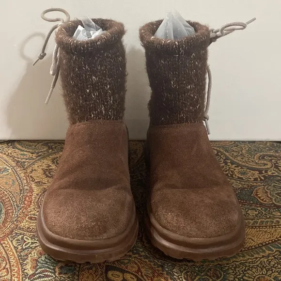 I heart Ugg chocolate chip slouchy knit calf suede mini boots size 5