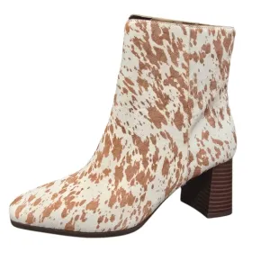 INC Brown White Cow Print Calf Hair Ankle Booties Boots Chunky Heel Size…