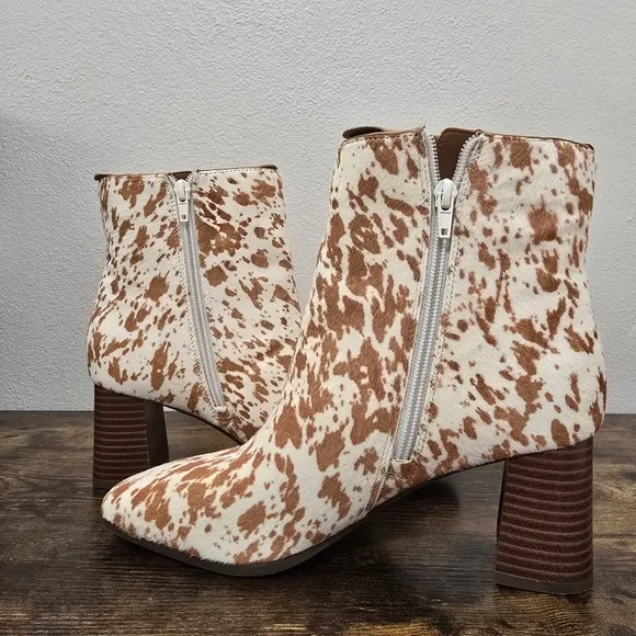 INC Brown White Cow Print Calf Hair Ankle Booties Boots Chunky Heel Size…