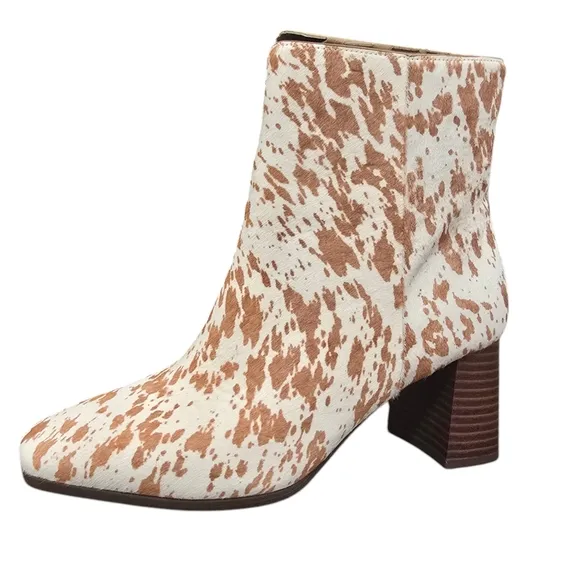 INC Brown White Cow Print Calf Hair Ankle Booties Boots Chunky Heel Size…