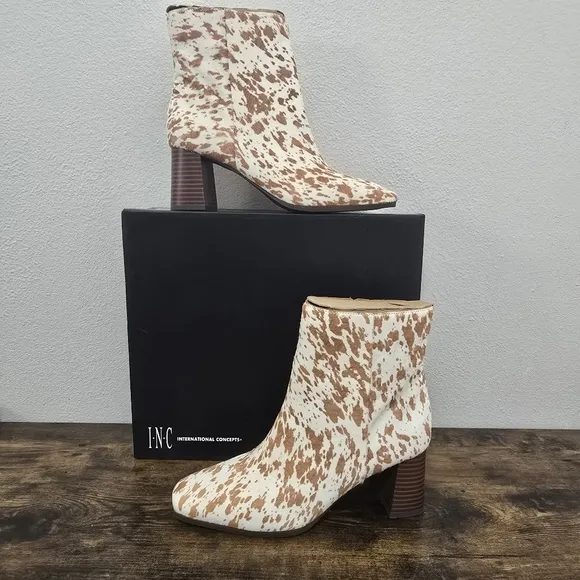 INC Brown White Cow Print Calf Hair Ankle Booties Boots Chunky Heel Size…