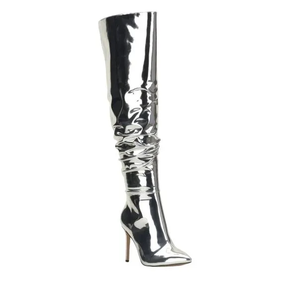 INC Women's Iyonna Over The Knee Slouch Boots Silver Size 5 1/2
