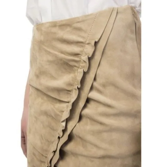 IRO Cerry Front Gathered Ruffle Suede Leather Mini Skirt in Tan Size M