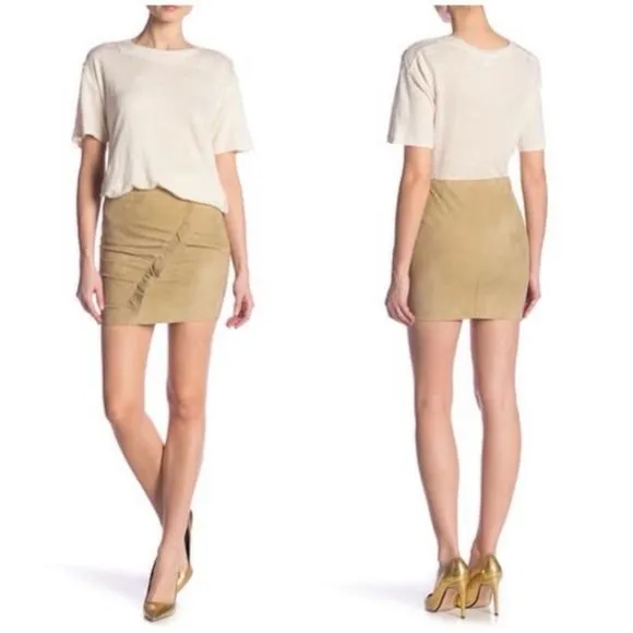IRO Cerry Front Gathered Ruffle Suede Leather Mini Skirt in Tan Size M