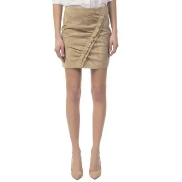 IRO Cerry Front Gathered Ruffle Suede Leather Mini Skirt in Tan Size M