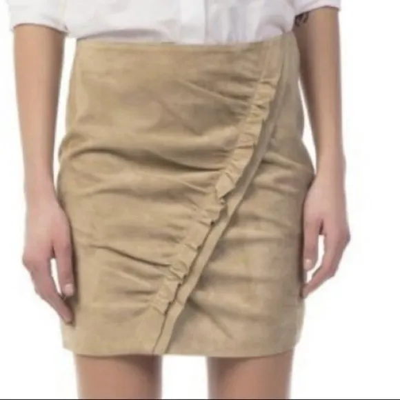 IRO Cerry Front Gathered Ruffle Suede Leather Mini Skirt in Tan Size M