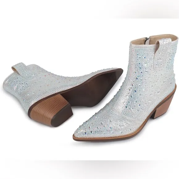 ISNOM Rhinestone Cowboy Boots Sparkly Ankle Boots with Pointed Toe and C…