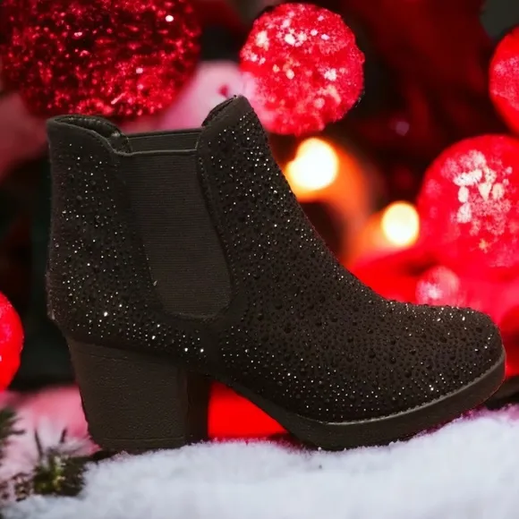 Italina Black Metallic Glitter Rhinestone Embellished Heeled Bootie