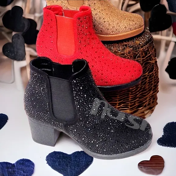 Italina Black Metallic Glitter Rhinestone Embellished Heeled Bootie