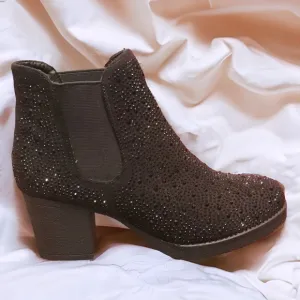 Italina Black Metallic Glitter Rhinestone Embellished Heeled Bootie