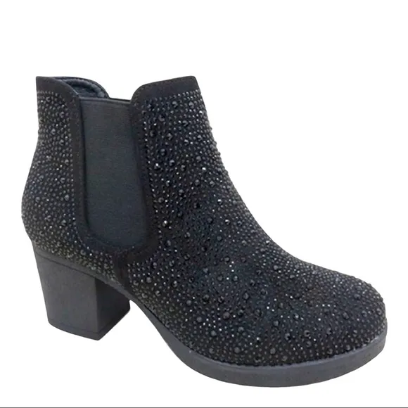 Italina Black Metallic Glitter Rhinestone Embellished Heeled Bootie