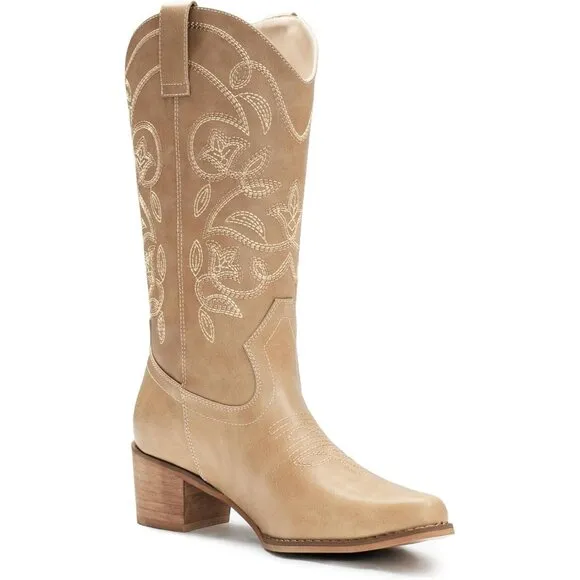 Iuv Cowboy  Mid Calf Boote Women Apricot Synthetic Pointy Toe Not Water Resistan