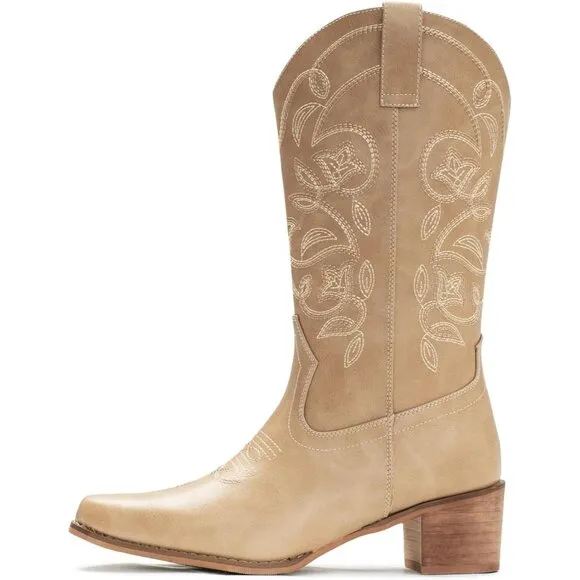 Iuv Cowboy  Mid Calf Boote Women Apricot Synthetic Pointy Toe Not Water Resistan