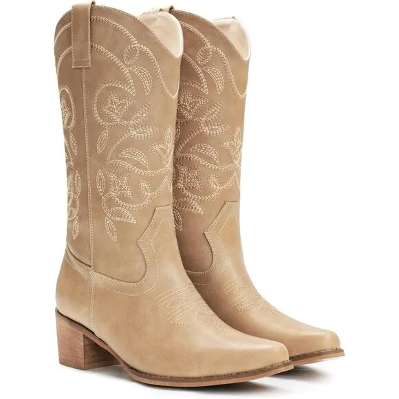 Iuv Cowboy  Mid Calf Boote Women Apricot Synthetic Pointy Toe Not Water Resistan