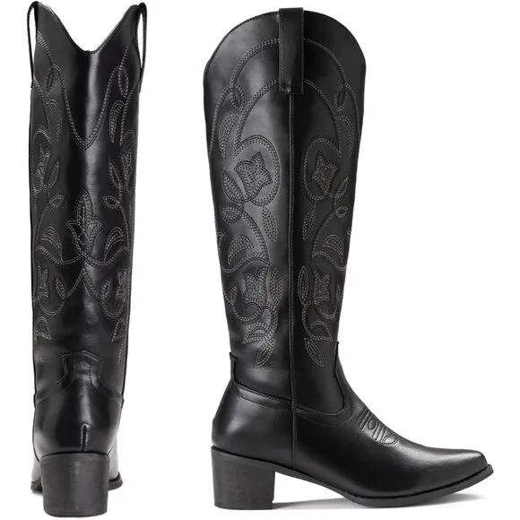 Iuv Cowboy Mid Calf Boote Women Blackk Leather Pointy Toe Not Water Resistant