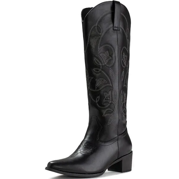 Iuv Cowboy Mid Calf Boote Women Blackk Leather Pointy Toe Not Water Resistant