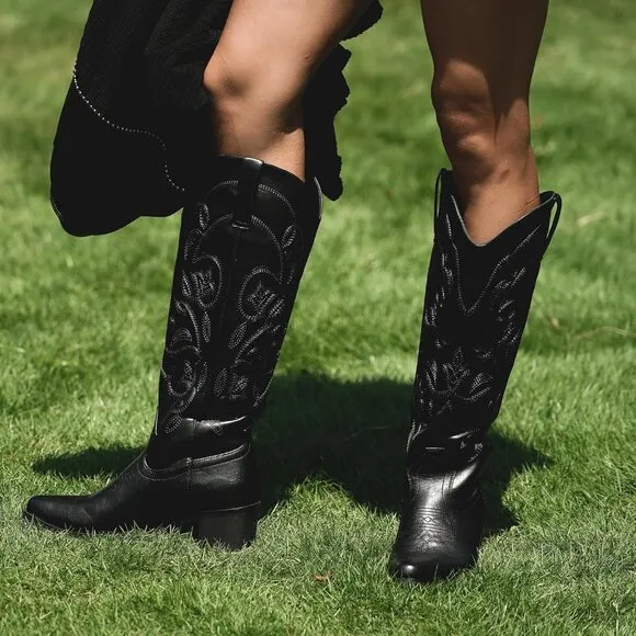 Iuv Cowboy Mid Calf Boote Women Blackk Leather Pointy Toe Not Water Resistant