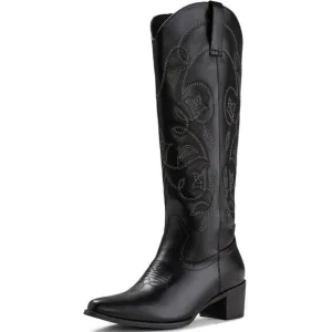 Iuv Cowboy Mid Calf Boote Women Blackk Leather Pointy Toe Not Water Resistant
