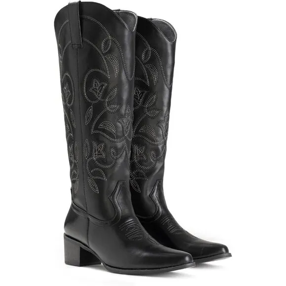 Iuv Cowboy Mid Calf Boote Women Blackk Leather Pointy Toe Not Water Resistant