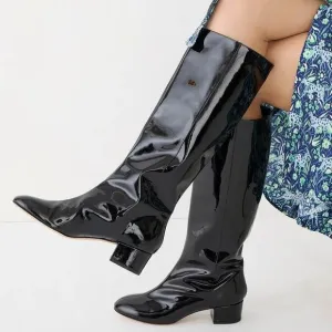 J.crew Black Glossy Patent Leather Chunky Heel Boots Made In Italy