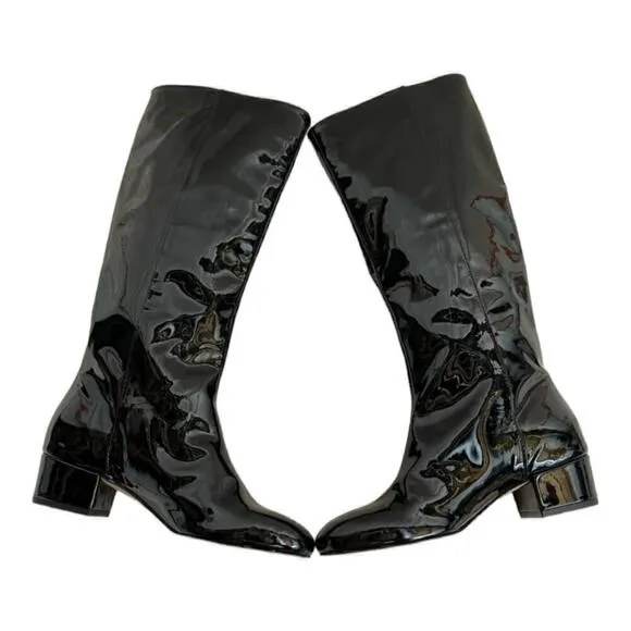J.crew Black Glossy Patent Leather Chunky Heel Boots Made In Italy