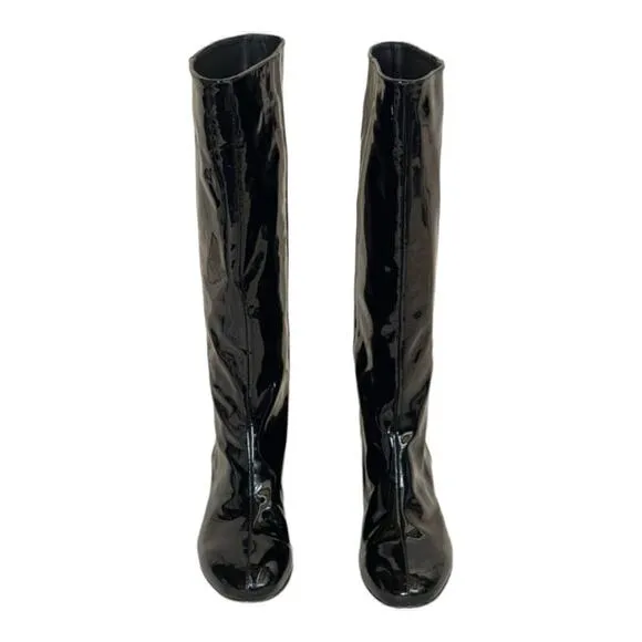 J.crew Black Glossy Patent Leather Chunky Heel Boots Made In Italy