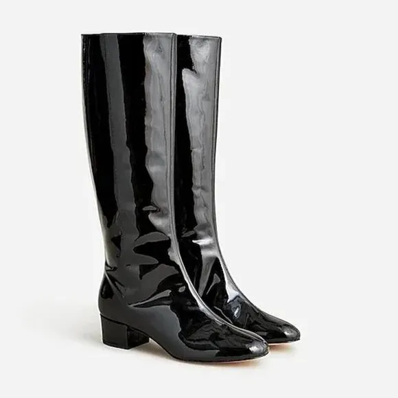 J.crew Black Glossy Patent Leather Chunky Heel Boots Made In Italy