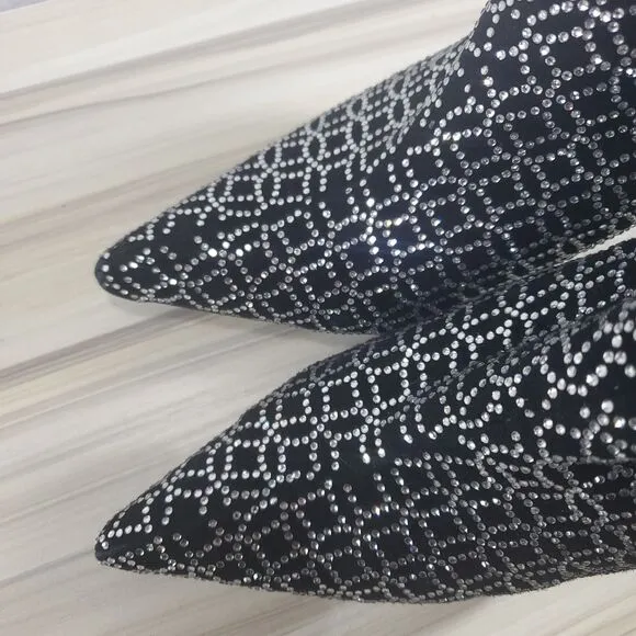 Jeffrey Campbell Brillo Rhinestone Booties Stiletto Heel Ankle Boots Zip Black