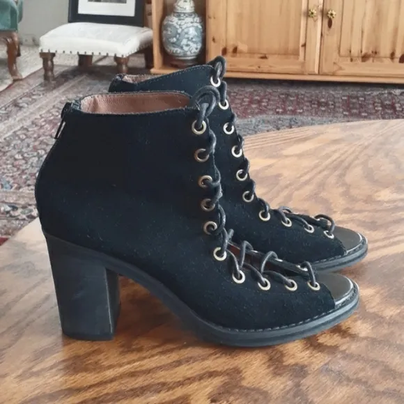 Jeffrey Campbell Cors Black Suede Whimsigoth Lace-Up Peep Toe Heeled Boots
